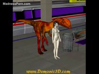 Dark-haired skinny girl gets savagely fucked by an orange dinosaur